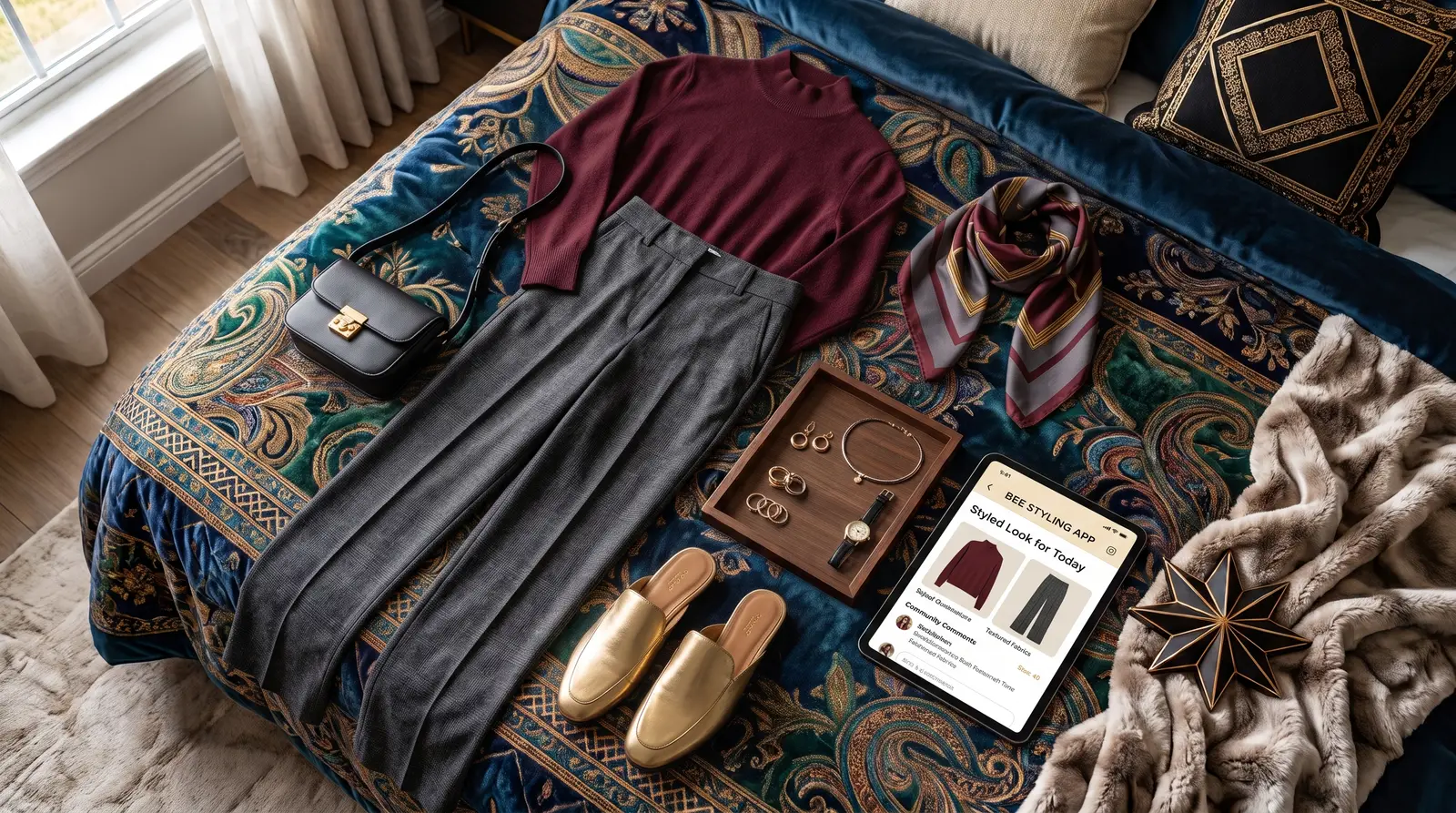 A look laid out on the bed: burgundy sweater, grey trousers, gold mules, scarf, bag, and jewelry, with that look open in Bee