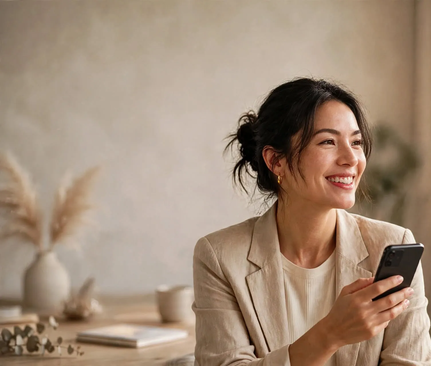 A woman smiling at her phone as her look goes out to her social networks