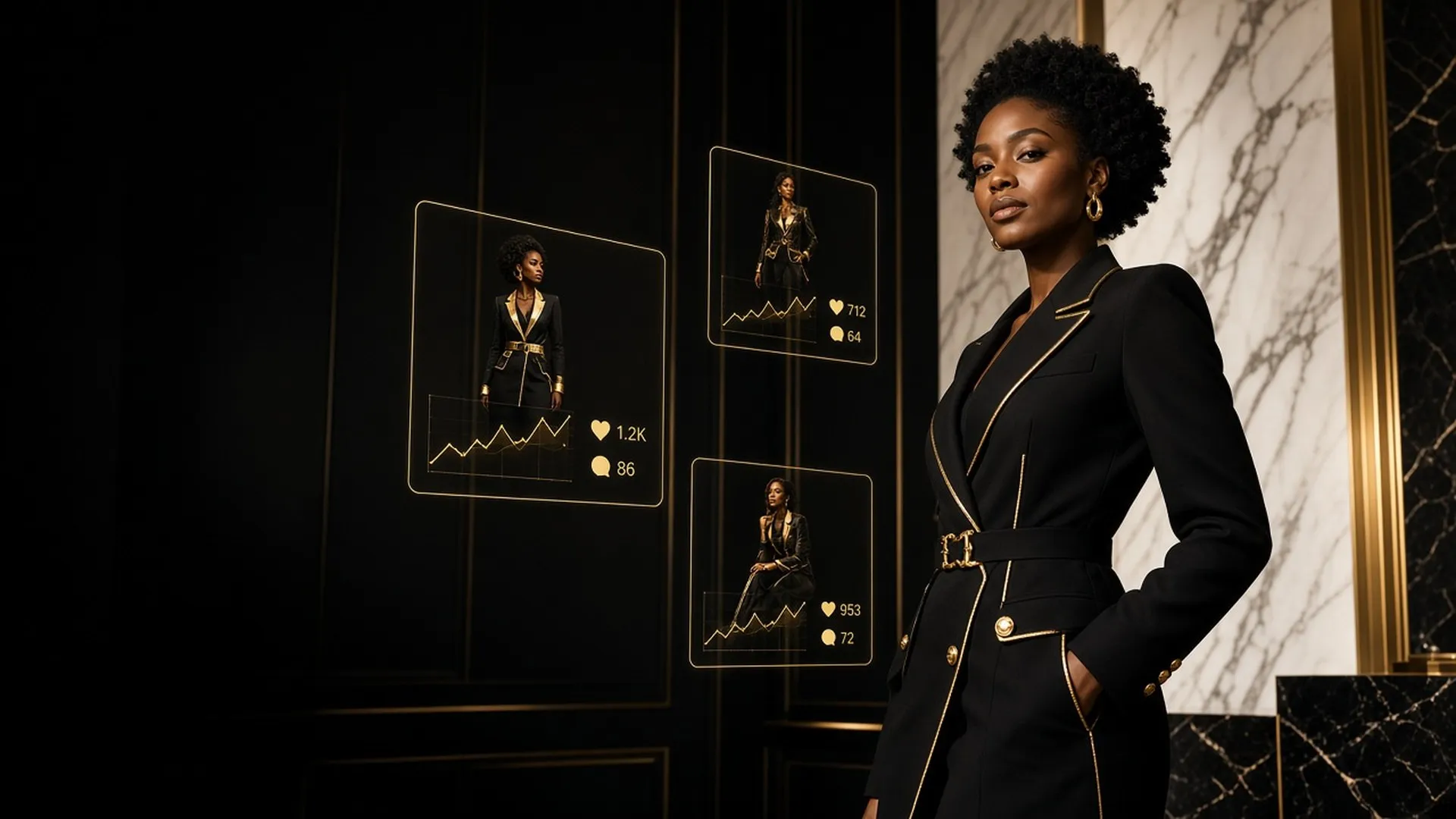 A woman in a tailored black and gold ensemble, standing in a modern interior among framed looks