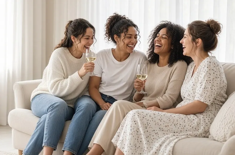 Friends gathered on a sofa in a bright room, laughing and talking