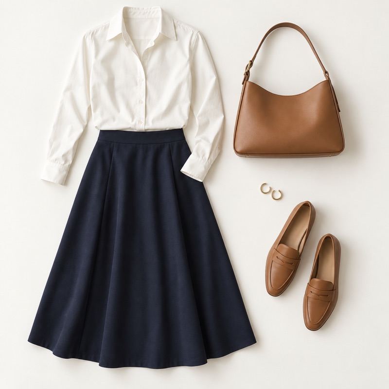Illustrative outfit: ivory shirt, navy midi skirt, tan loafers and tan bag